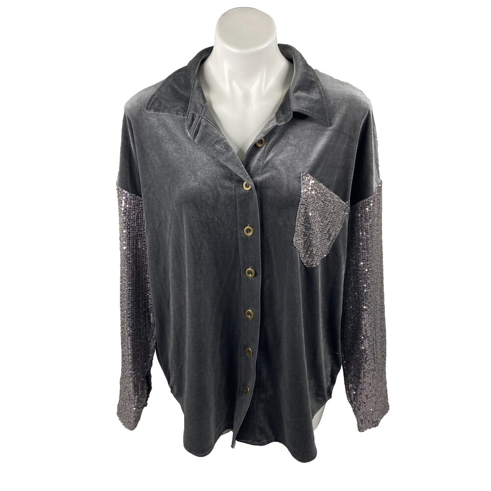 Umgee Women Large Velvet Sequin Shacket Gray Silver Button Front NWT